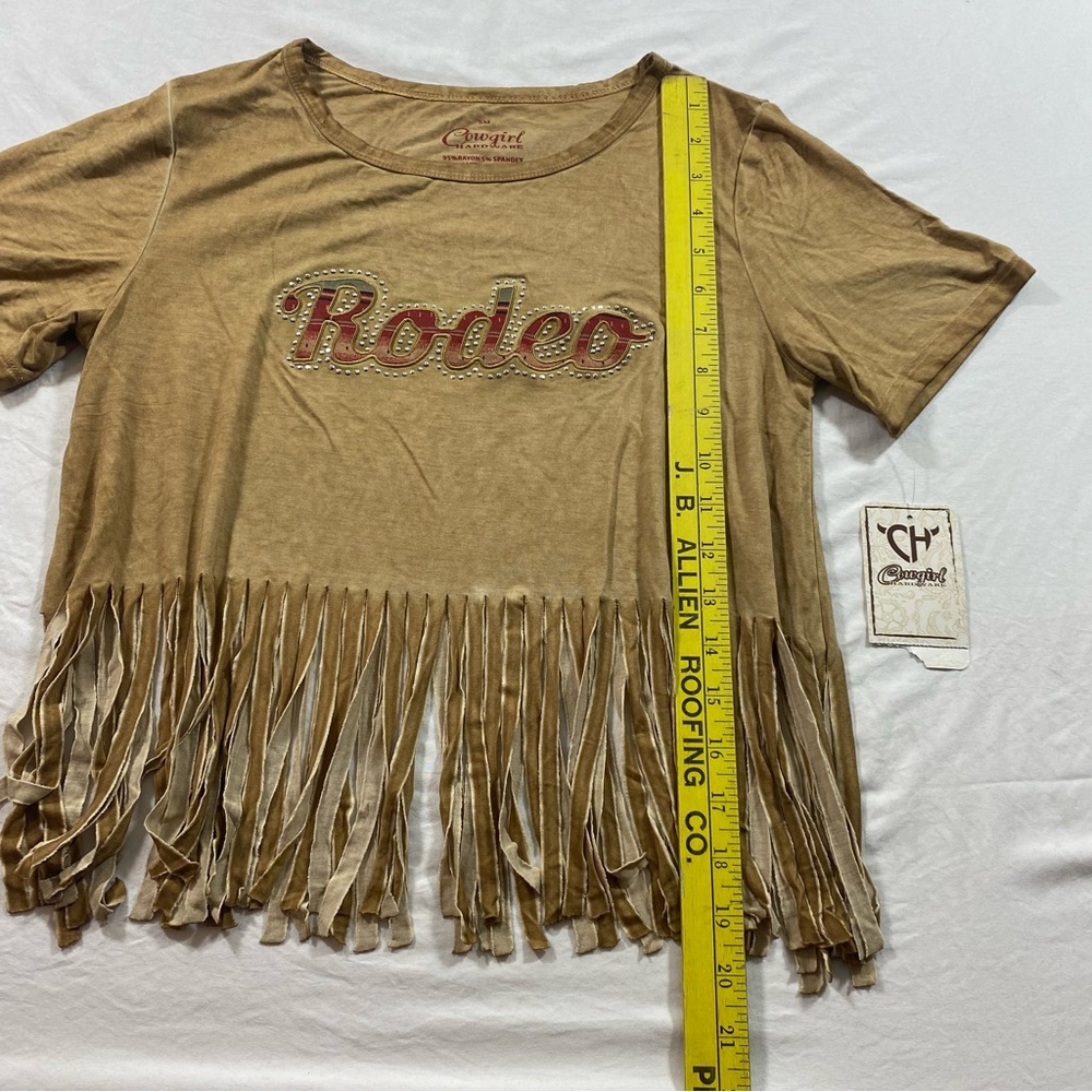 Cowgirl Hardware Tan Fringe Tee wording Rodeo in Red lettering western Cropped - Picture 6 of 8